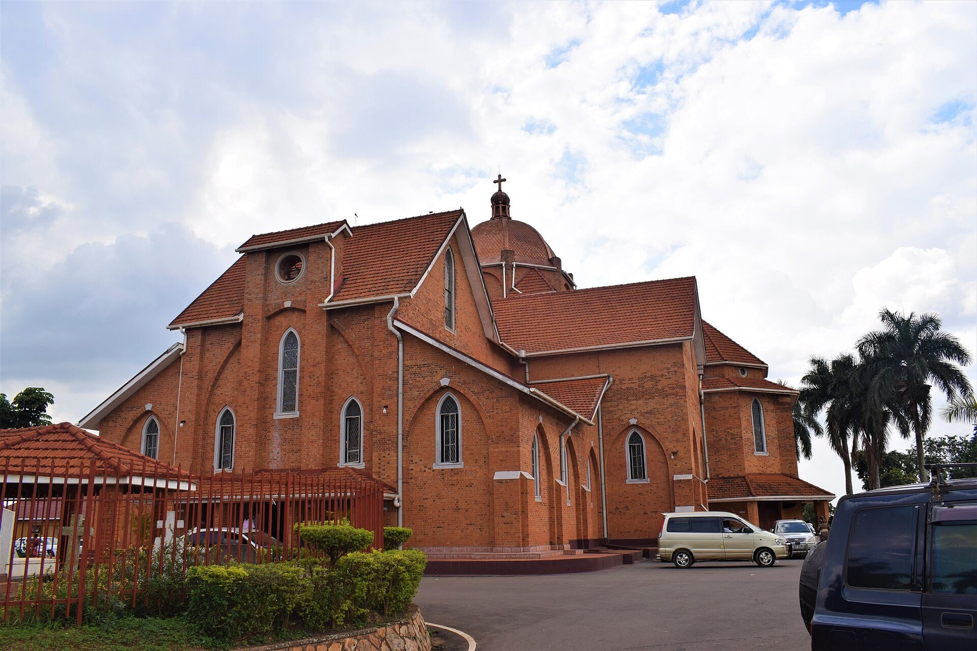 The red brick Namirembe Cathedral with its central dome, seen from the side