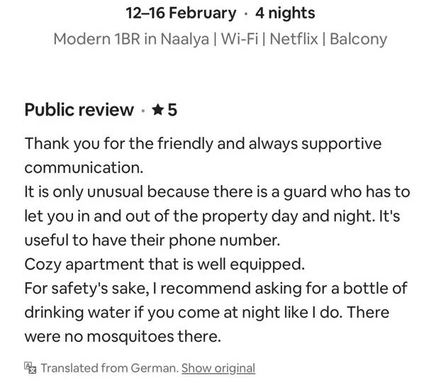 Oliver's review on Airbnb, as it appears there